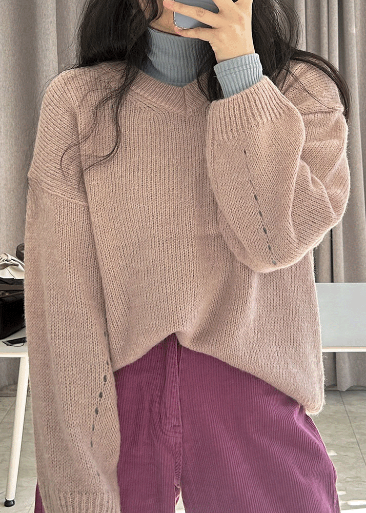 빅사이즈 핑크 오버핏 브이넥 니트 ( 박시한 알파카 스웨터 )